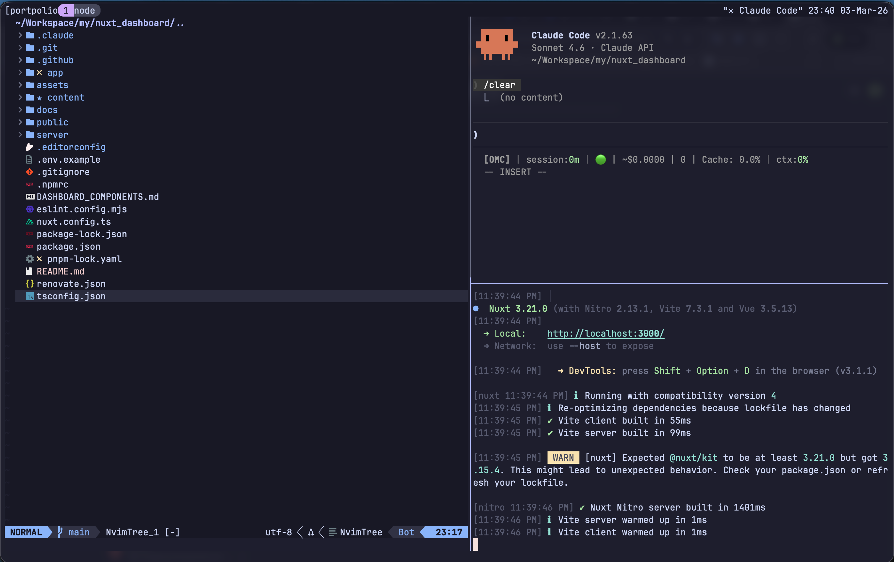 터미널 3분할 환경 — nvim, Claude Code, terminal